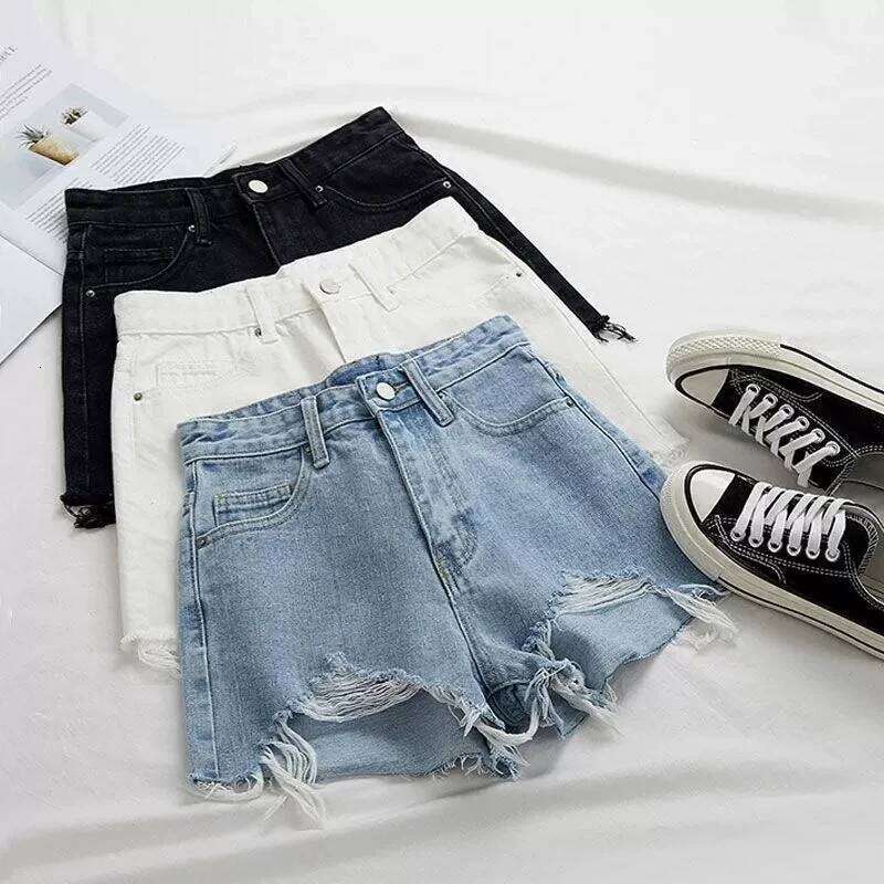 Women Korean Retro Y2k Shorts Pants Lady Vintage High Street Broken hole irregular brim wide leg shorts casual jeans for women XJ260305