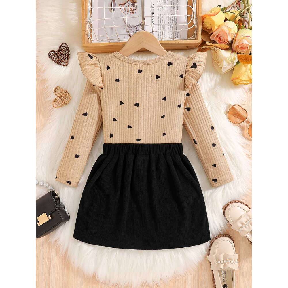 2-Piece Girls in Autumn: Fashionable Elegant Young Girls, Featuring Round-Neck Ribbed Lace-Trimmed Flutter-Sleeve Top Heart Polka Dot Print Long Sleev