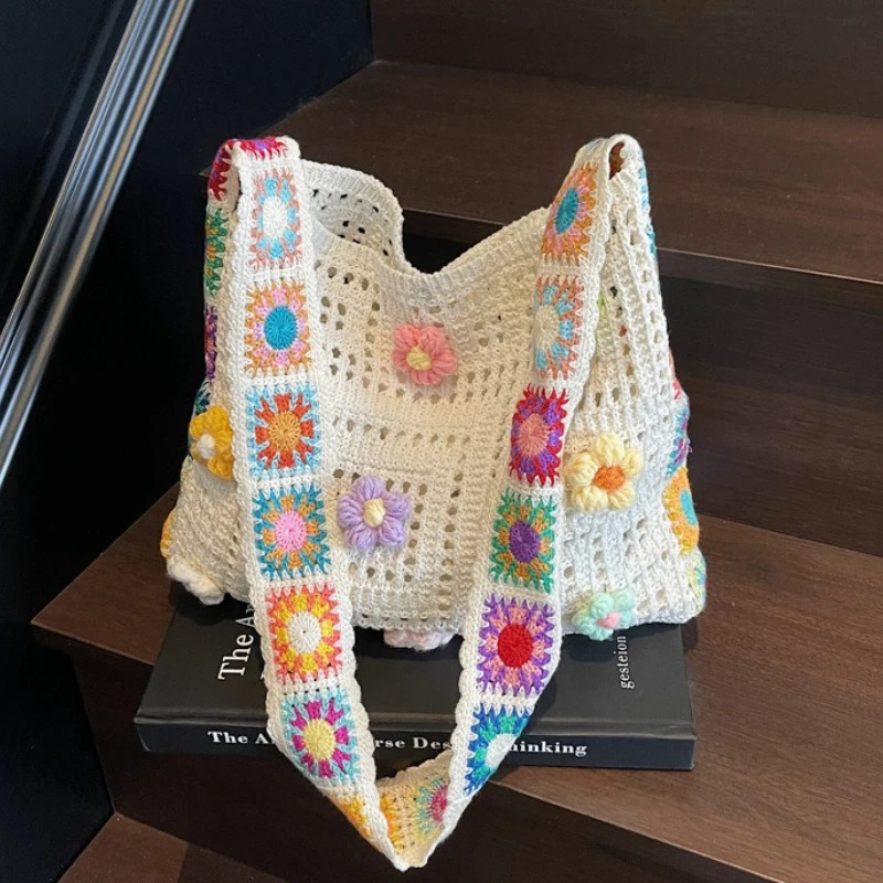 Womens Boho Crochet Bag Flowers Knitted Handbags Large Capacity Summer Beach Woven Shoulder Bag Girls Tote Shopper Bag 260303