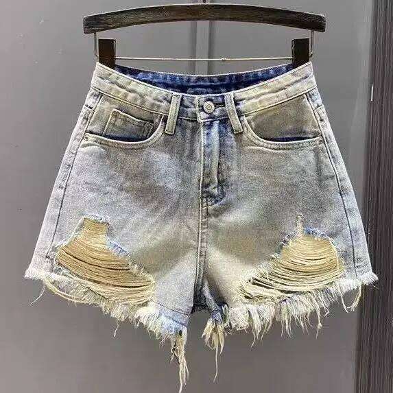 2025 New Summer Retro Straight Thin Shorts Women's Clothing Light-colored Ripped Tassel Rough Edge Denim Short Femme Jeans XJ260305
