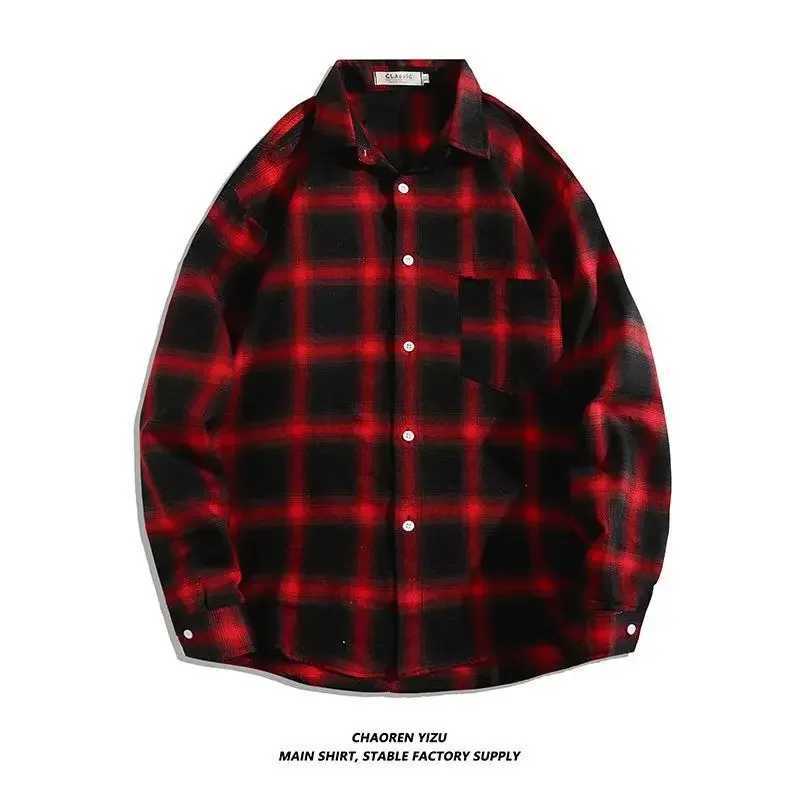 Vintage Plaid Shirts Oversize Basics Long Sleeve Turn-down Collar Pocket Loose Single Breasted Casual Thin Coat M260305