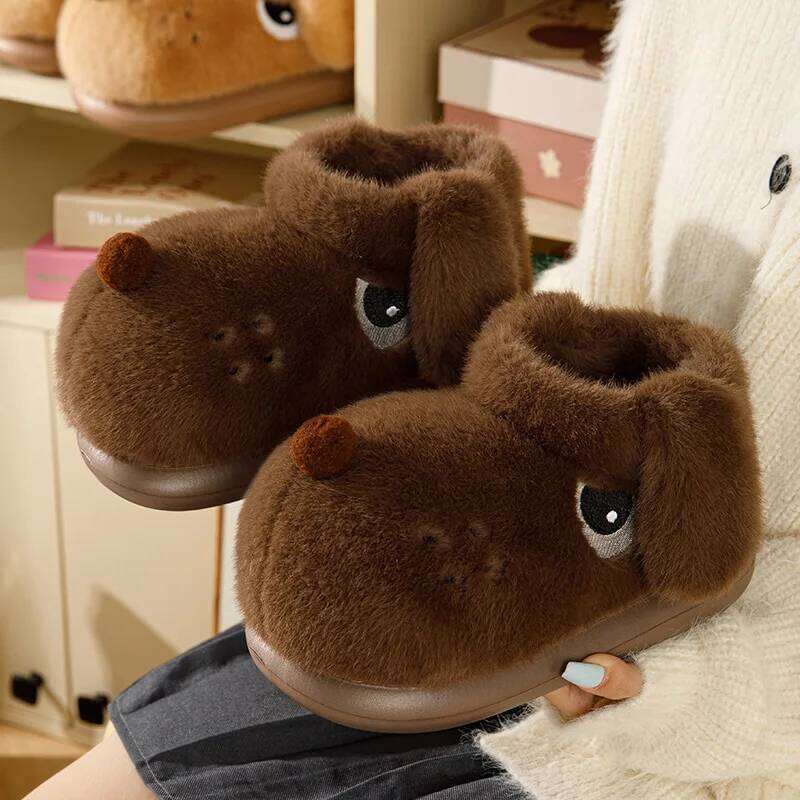 Cute Cartoon Dog Indoor Fluffy Slippers For Women Men Warm House Shoes Soft Faux Fur Anti-slip Couples Home Garden Snow Boots