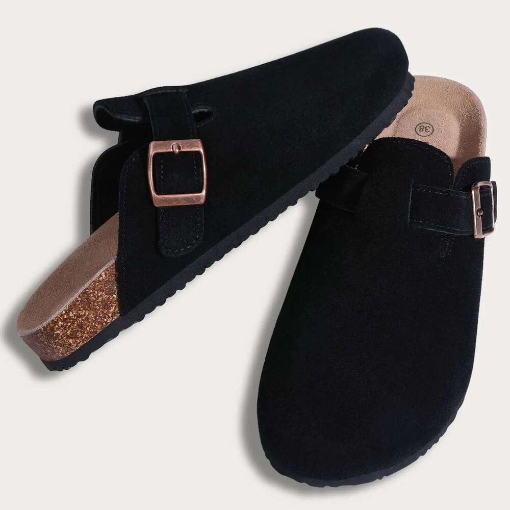 Kidmi Trendy Cork Footbed Men Suede Clogs Slippers Classic Leather Soft Antiskid Home Mules