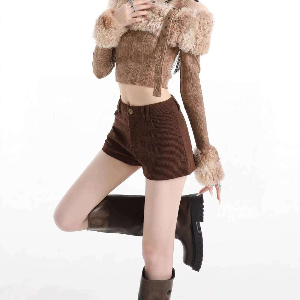 Women's Spring Retro Corduroy Shorts High Waist Slim Fit Butt Hugging A Line Hot Pants XJ260305