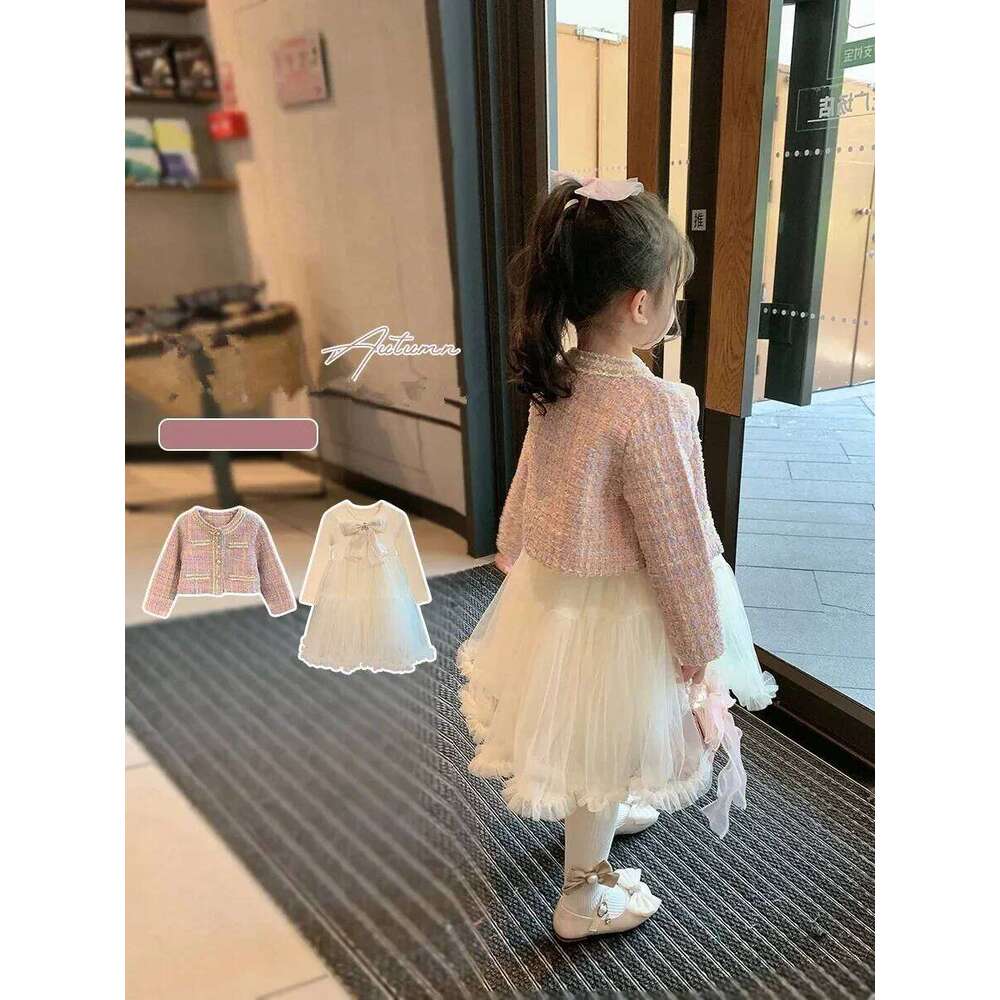 New Sweet Kids Girls Princess Clothes Sets Spring Autumn Children Fashion Coat +Dress Vintage Outfits Suit 2PCS Z260304
