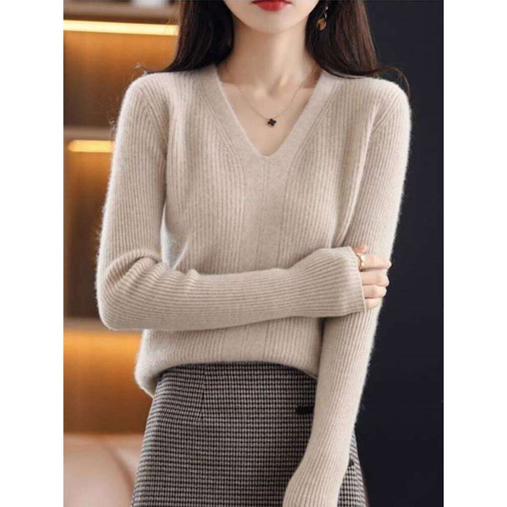 Women Wool V-neck Bottoming Jumpers Solid Autumn Winter Soft Warm Woman Sweater Knitted Basic Slim Pullovers Tops XJ260305