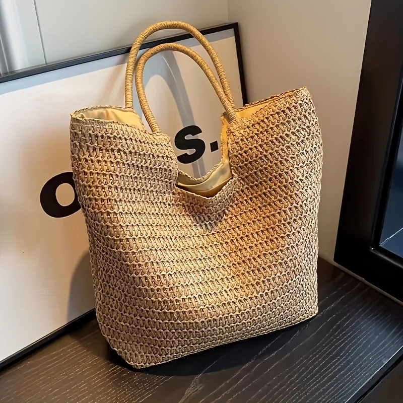 Chic Large Capacity Paper Woven Straw Tote Handbag for Women Summer Woven Beach Shoulder Bag with Zip Closure 260303