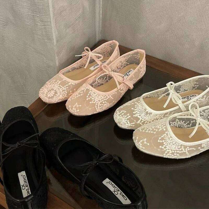 2025 Women Spring Summer Ballet Flat Shoes Breathable Mesh Embroidery Fashion Flats Lovely Bow Knot Female Daily Walking Sandals