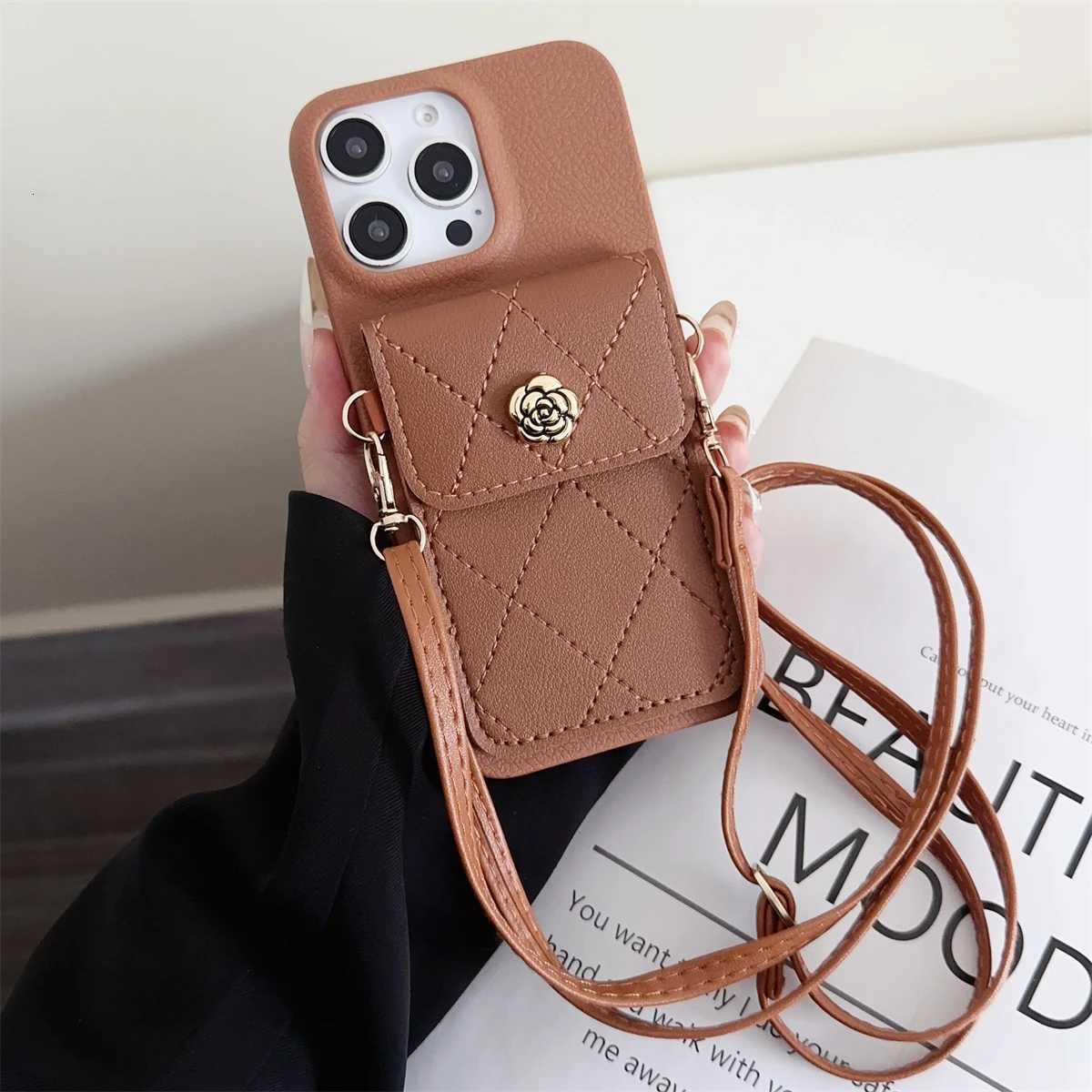 Luxury Camellia Quilted Wallet Crossbody Lanyard Phone Case For iPhone 16 15 14 13 12 Pro Max 11 Plus | 3D Flower Card Slot Protective CoverT260305