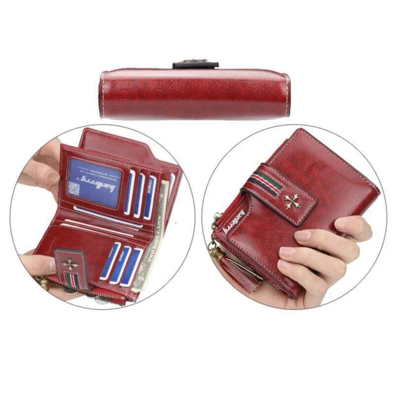 New Pu WOMEN'S wallet with oil wax leather tassels, fashionable three-fold short wallet, multi-slot zipper coin purse C260304