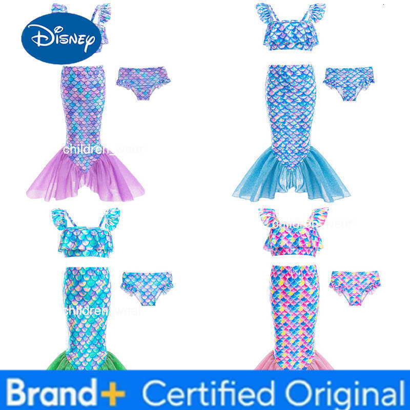 Disney Mermaid Tail Beach Bikini Children Swimming Sets Girls 3Pcs Swimsuit Bathing Suit Kids Cosplay Fancy Swimwear Costume H260305