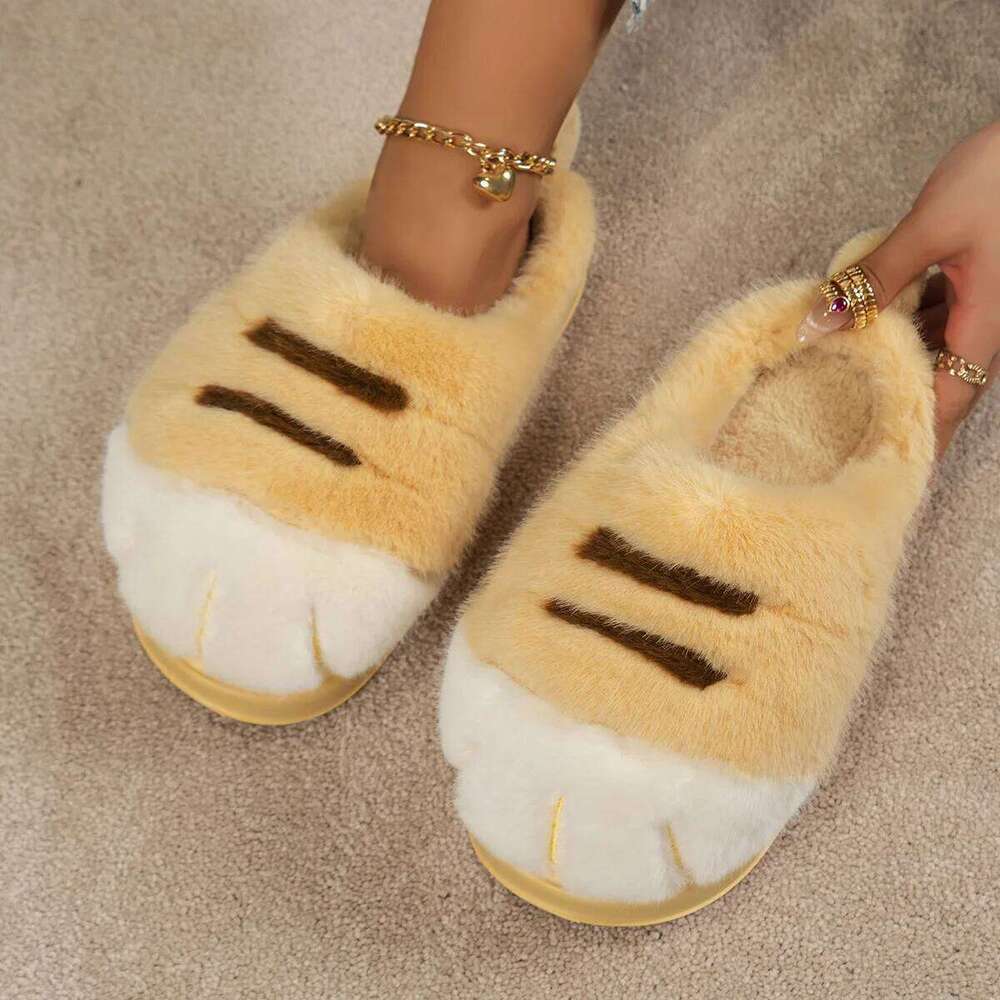 Women Indoor Fluffy Slippers Cute Cartoon Paw Winter Warm Shoes Female Thick Sole Light Weight Soft Faux Fur Home Floor Slipper