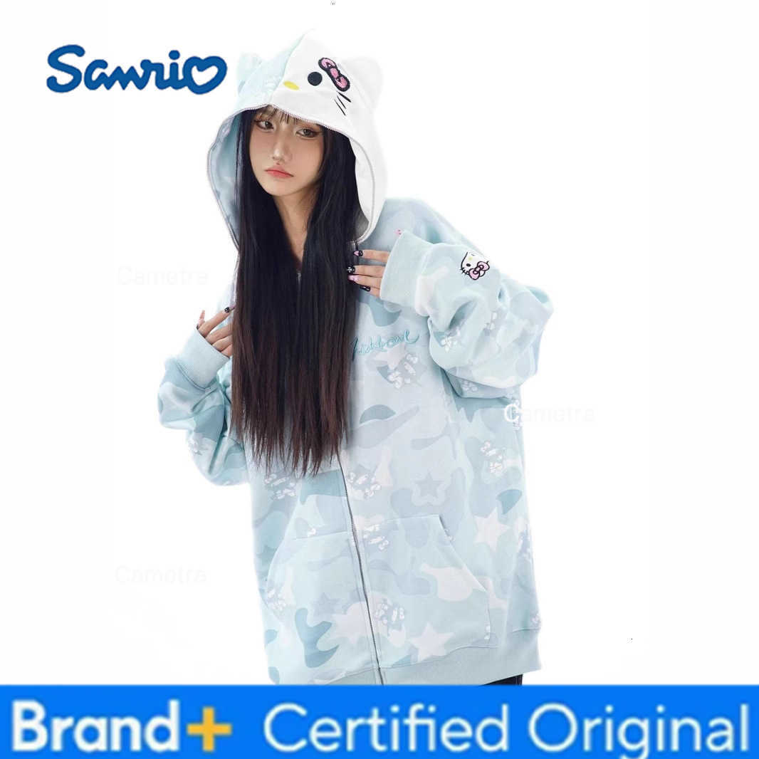 Sanrio Cotton American-style vintage camouflage cardigan, Kitty Cat hoodie, women's loose and lazy style oversized coat H251120