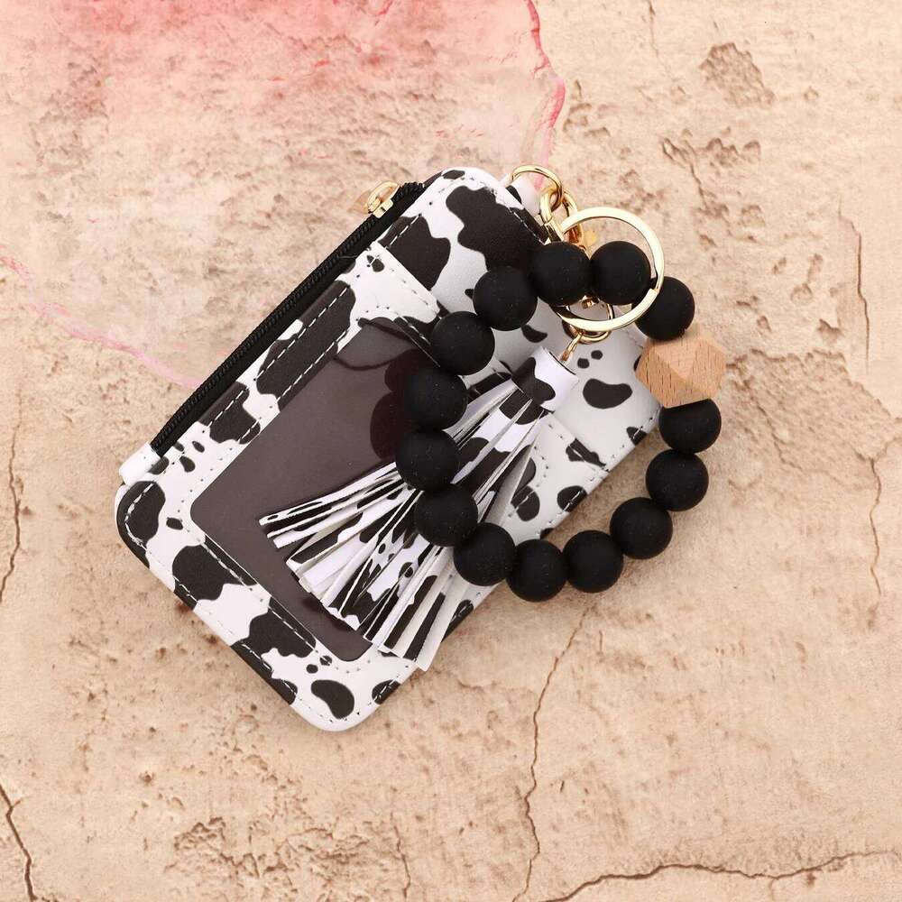 2025 Silicone bead pu leather key chain wristlet id credit card holder keychain wallet for women with bangle bracelet C260304