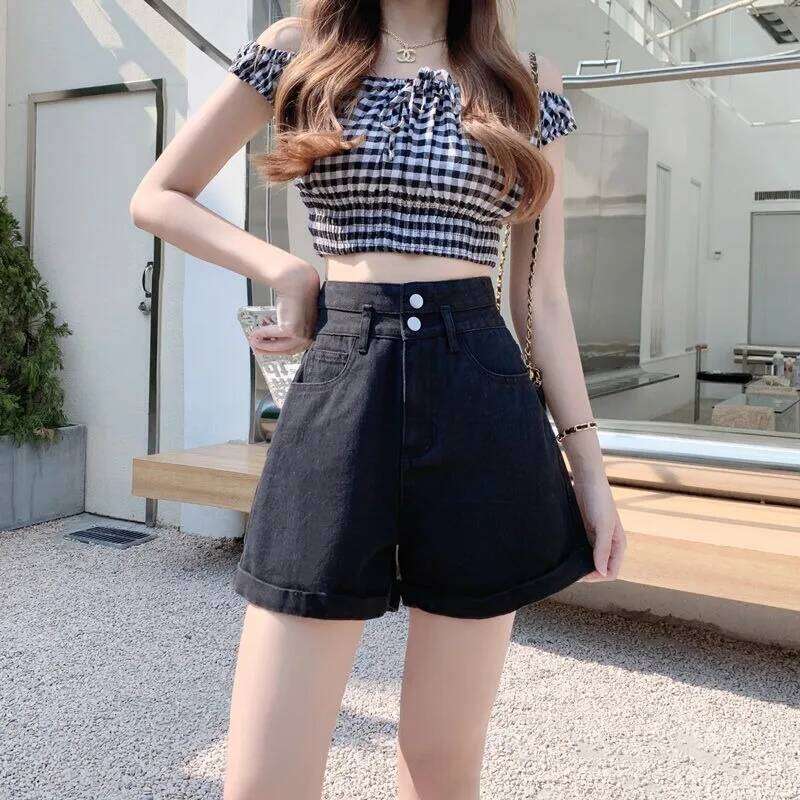 Women's summer thin denim shorts with loose fit high waist slimming effect wide legs and rolled edge hot pants for outerwear XJ260305