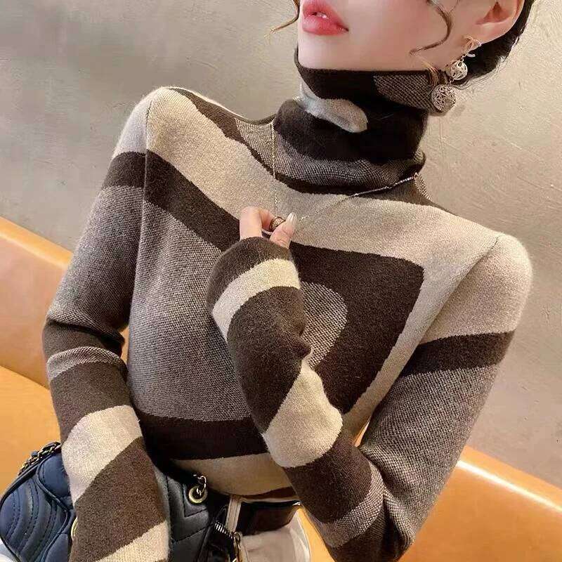 Women Clothing Fashion All-match Slim Knit Pullovers Autumn Winter Elegant Chic Geometric Patchwork Sweaters Office Lady Y2k Top XJ260305