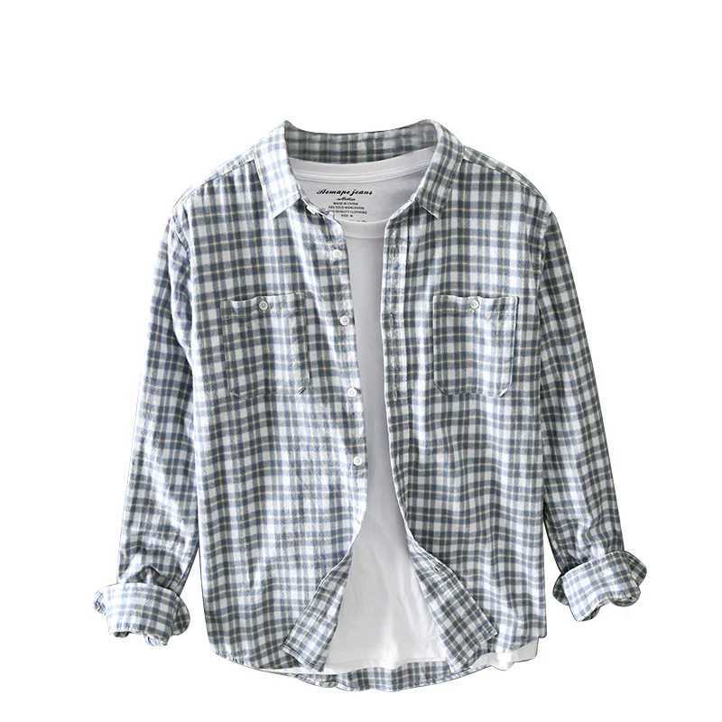 100 Cotton Shirts Grey Plaid Shirt For Men Korean 2022 Fall Casual Long Sleeve Pocket Tops Shirts M260305