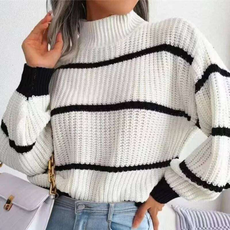 Autumn Winter Stripe Sweaters Pullovers Women New Solid Color Long Sleeved Jumpers Fashion High Neck Warm Pullover Knitwears Top XJ260305