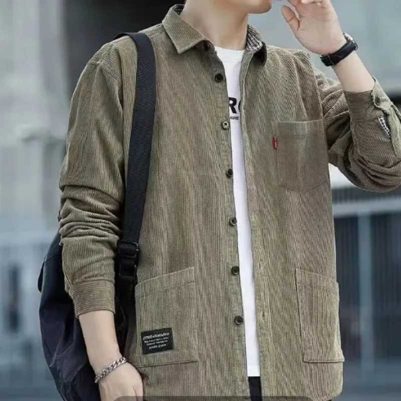 Mens Cardigan Corduroy Shirt Jacket 2024 New Spring Autumn Casual Thin Bomber Jackets Men Workwear Oversize M-5XL M260305
