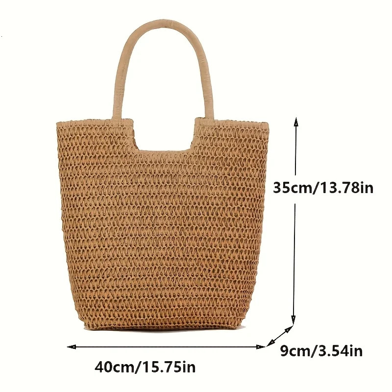 Chic Large Capacity Paper Woven Straw Tote Handbag for Women Summer Woven Beach Shoulder Bag with Zip Closure 260303