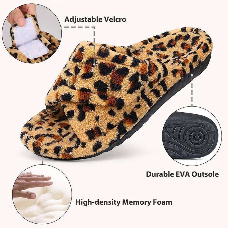 Kidmi New Women Leopard Print Cotton Coral Fleece Orthopedic Slippers with Arch Support Adjustable Open Toe House Shoes