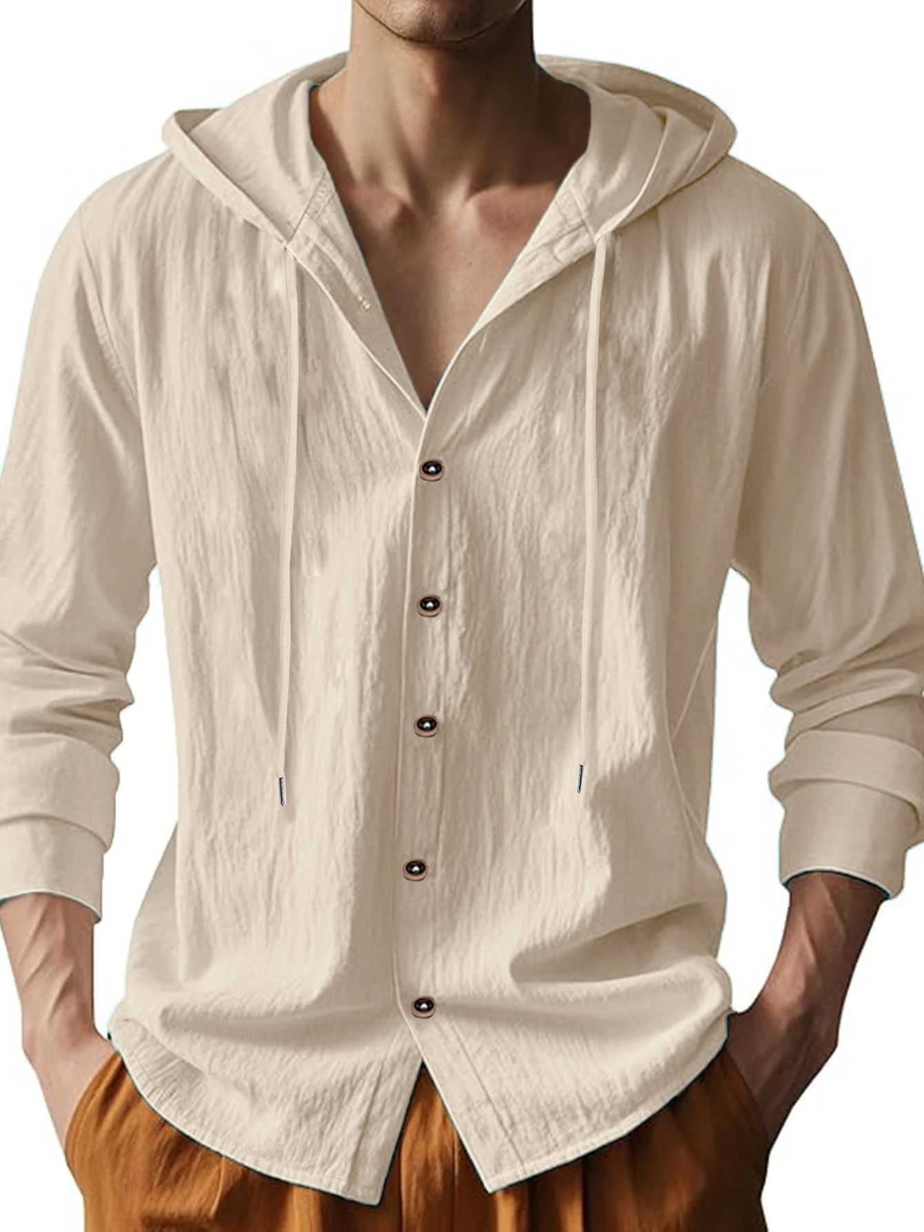 Mens Cotton Linen Long Sleeve Shirt Breathable Summer Spring Casual Button Up Lightweight Hawaiian Beach Top Hoodie T-Shirt New M260305