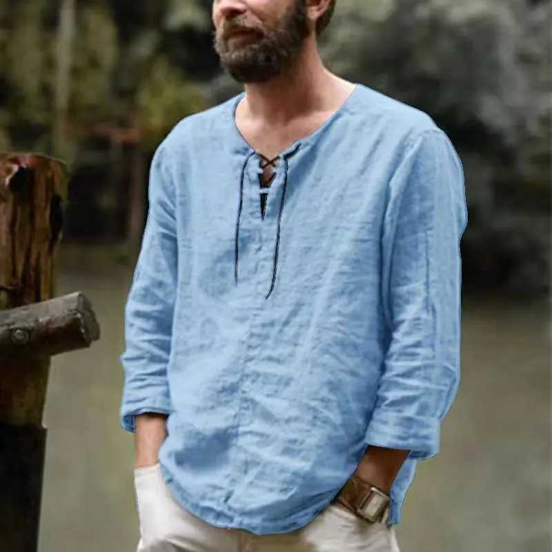 New Mens Cotton Linen shirt Male Solid Color V Neck bandage T-shirts Summer Mens Casual Long Sleeves Linen shirt Tops S-3XL M260305