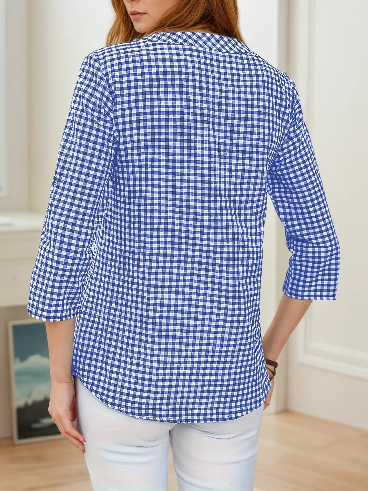 Plus Size Spring Autumn Women Fine Plaid Fashion Long Sleeve VNeck Blouse Slim Fit Temperament Top Belly Covering Small Shirts 260228