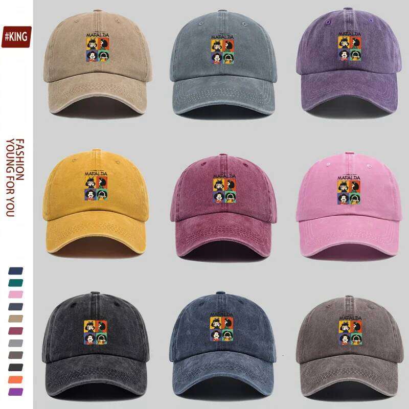 Simple Cartoon Four-Grid Printed Washed Vintage Soft Top Sunshade Unisex Versatile Baseball Cap Y260304