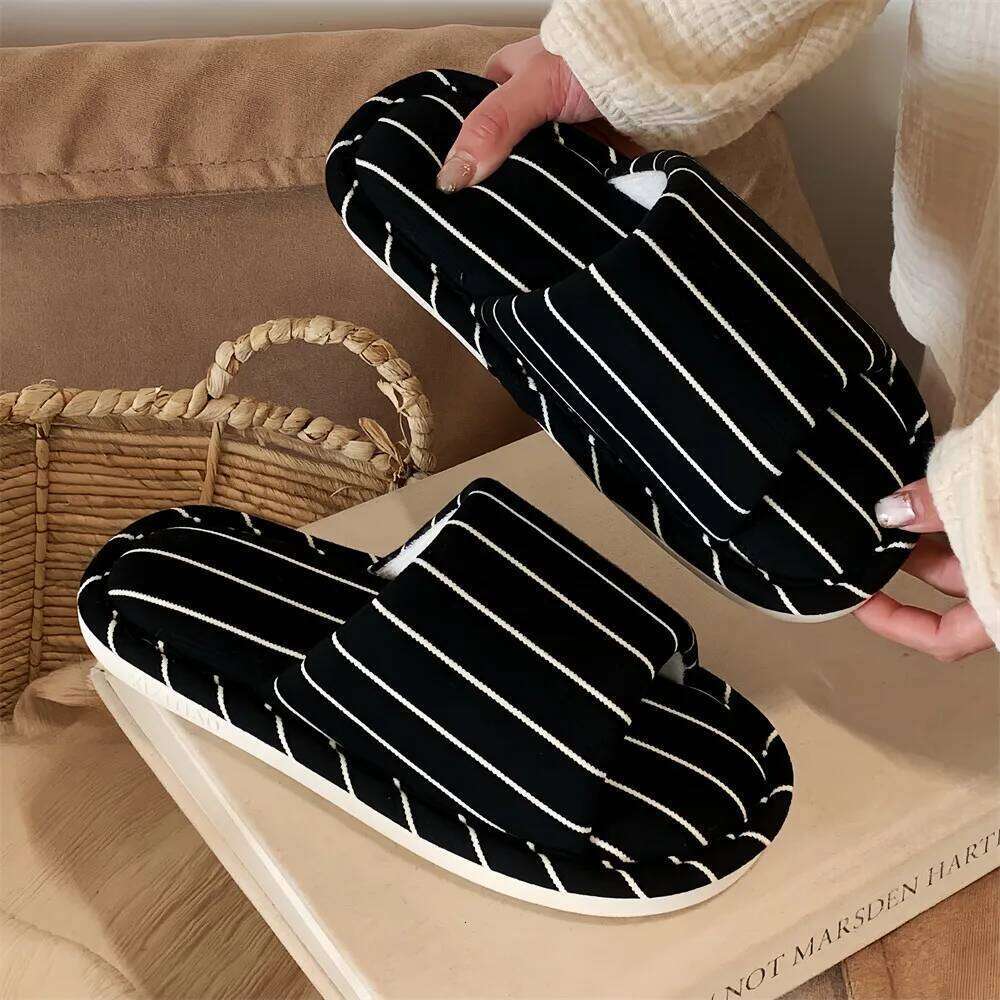Korean Brief Cotton Linen Slippers For Women Men Shoes Anti-slip Striped Style Couples Home House Floor Slides