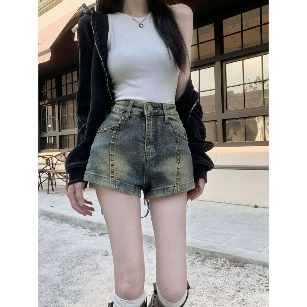 Sexy Riveted Denim Women's Summer 2025 New High Waist Loose Wide Leg Hot Pants Straight Jean Shorts XJ260305