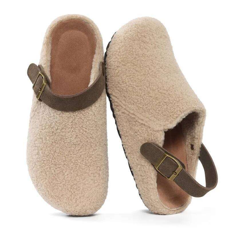 Kidmi New Winter Furry Womens Adjustable Buckle Slip On Cork Insole Slides Fluffy Comfy Slippers With Arch Support