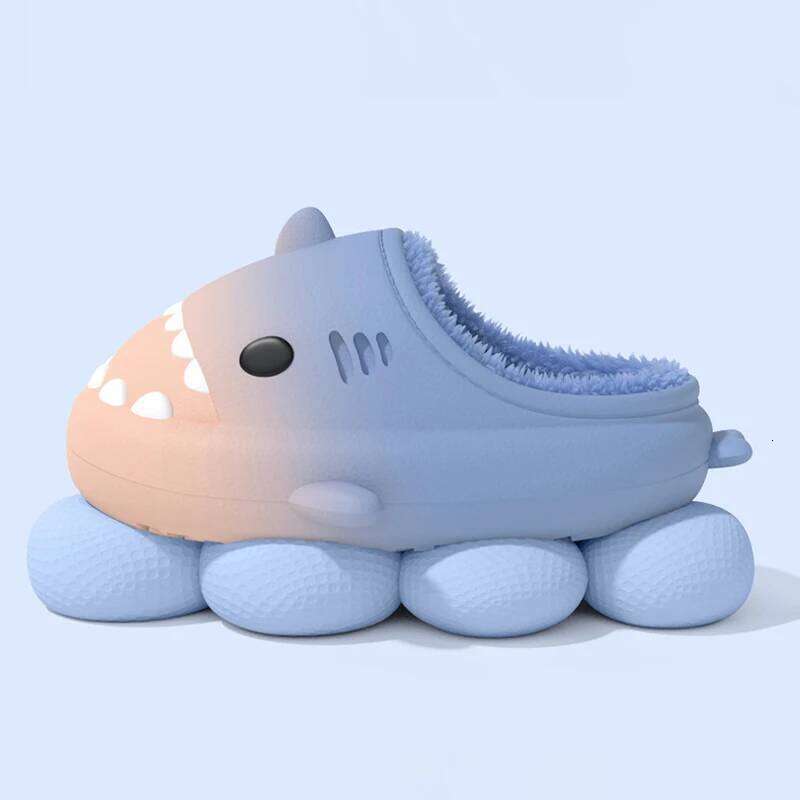 KIDMI Gradient Shark Furry For Men Women Plush Lining Bag Heel Slides EVA Linght Warm Indoor Cotton Slippers