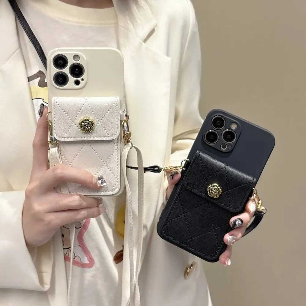 Soft Solid Color Quilted Camellia Wallet Lanyard Case for S25 Edge S24 S23 S22 S21 Ultra Plus S20 FE Note 20 Detachable Card Holder & Adjustable Strap