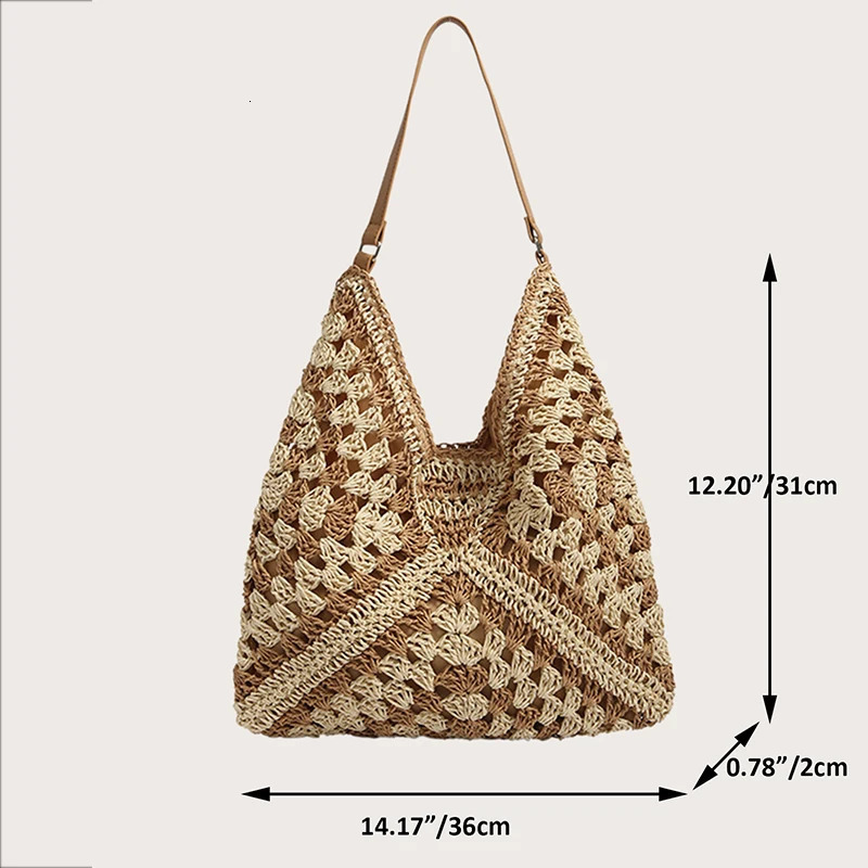 Womens Woven Straw Shoulder Bag Medium Size Handbag With Handle For Beach Vacation 260303