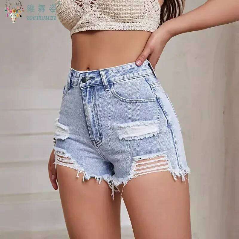 Y2K Women's Casual Fashion Slim Blue Ripped JEANS Holes Summer Quality High Waist Pants Pocket Tassel Denim Shorts XJ260305