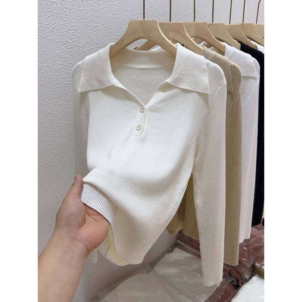 Female Autumn Winter Half-open V-lapel Pullover Korean Version of Long-sleeved Wearing Loose Sweater Slim Button Tops XJ260305