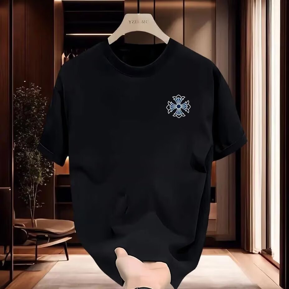 Mens T-Shirt Ornate Blue Cross Print Loose Heavy Cotton Short Sleeve Summer Designer Clothes