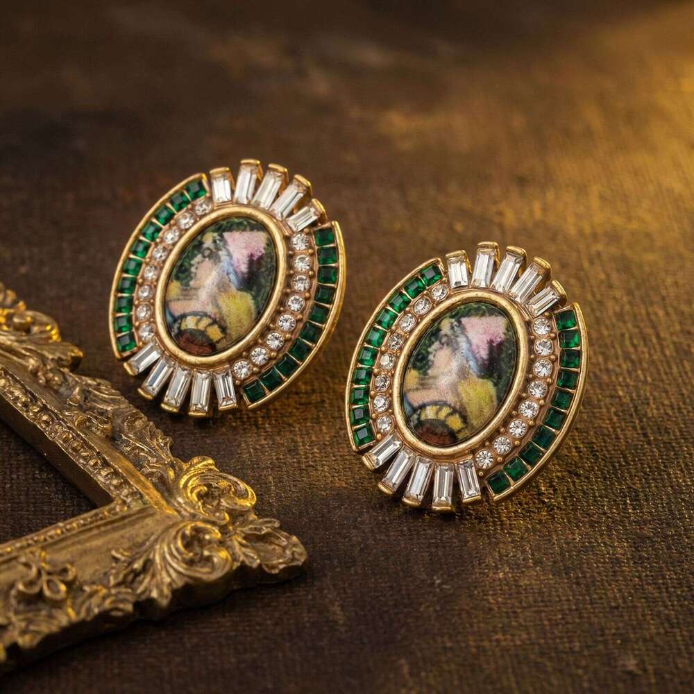 Versatile Retro Oil Painting Emerald Diamond Earrings Niche High-End Vintage Style Elegant Earrings Women High-Quality