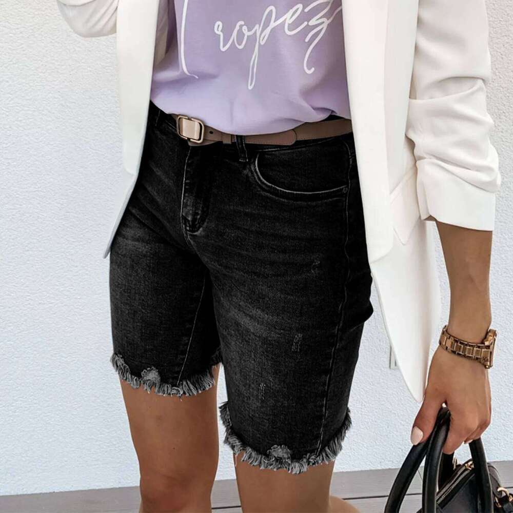 Summer New Fringed Design Mid-length Jeans. Ladies' Street Fashionable Washed Ripped, Slim-fit Straight Leg Casual Denim Shorts XJ260305