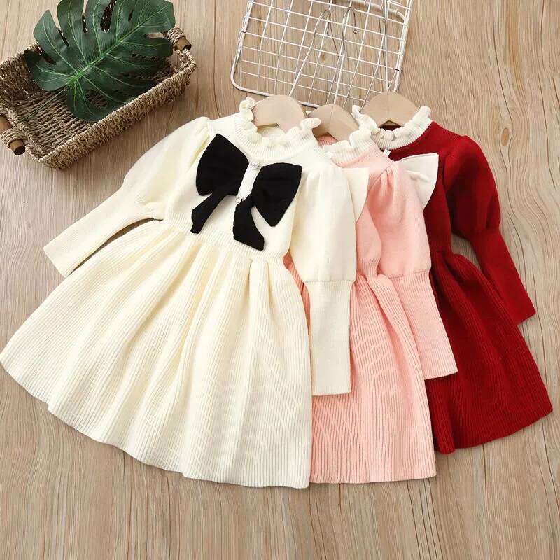 LILIGIRL Big Bow Puff Sleeve Dress Girls, Knitted Pleated Party Dress, Cute Casual Outfit for Baby & Toddler 2-6Y Z260304