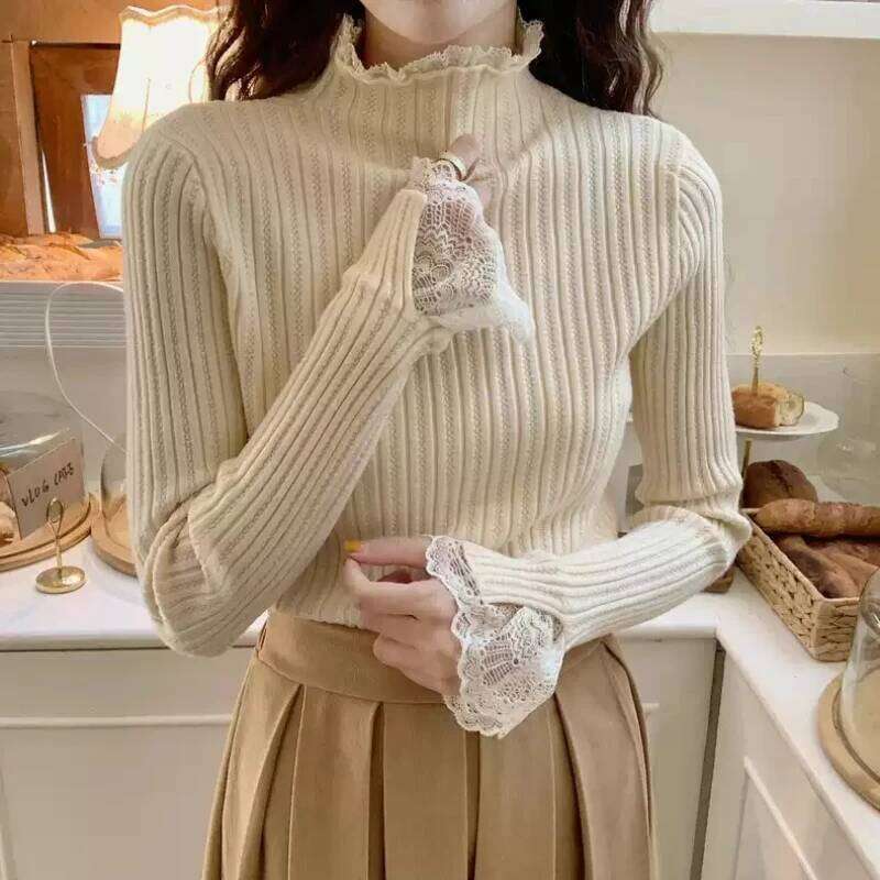 Women Lace Solid Basic Knitted Tops Turtleneck Long Sleeve Slim Casual Pullovers Korean Fashion Chic Autumn Winter Warm Sweater XJ260305