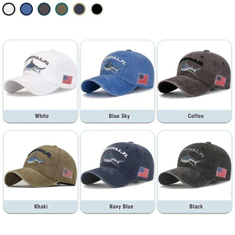 Popular Cartoon Washed Embroidered Shark Baseball Cap Y260304