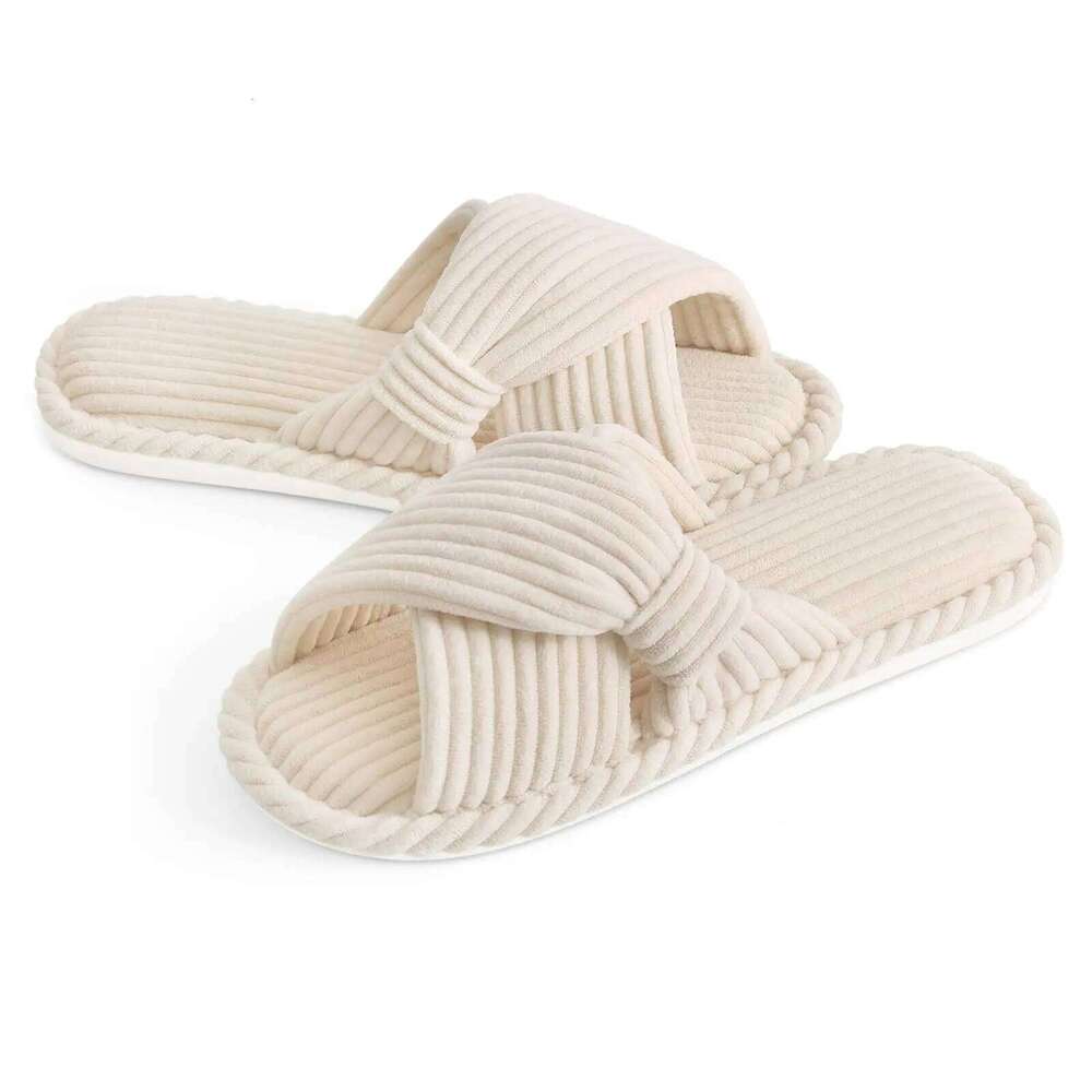 Kidmi Corduroy Women Indoor Open Toe House Shoes Memory Foam Slides With Adjustable Bow Strap Spring New Lady Slippers
