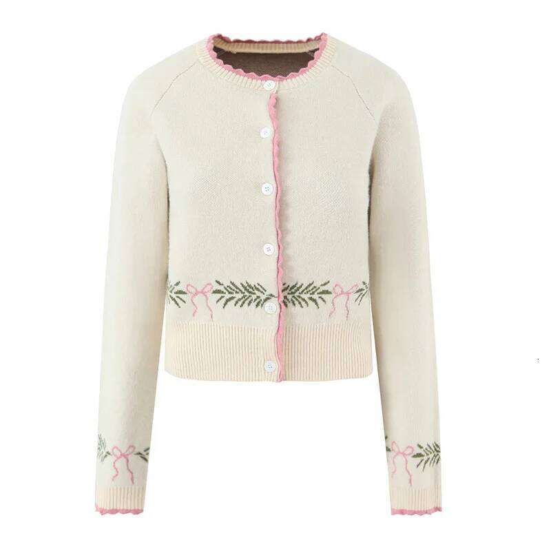 Premium Office Wear Christmas Series Lace Bow Jacquard Knit Cardigan 2026 Spring New Arrival XJ260305