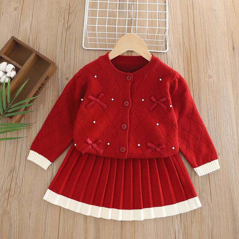 Girls' Preppy 2-Piece Knit Set Long Sleeve Bow-Trim Top + Pleated Skirt, Cozy Fall & Winter Outfit for Big Kids Girl Clothes Z260304