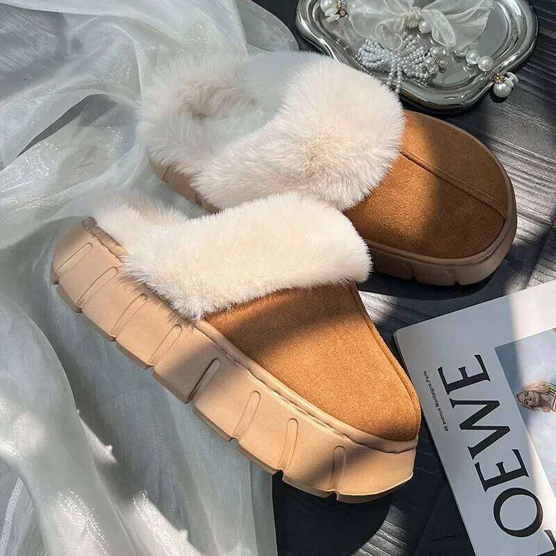 Women Indoor Fluffy Slippers Winter Warm Shoes Soft Faux Fur Thick Sole Light Weight Anti-slip Couples Home Floor Slipper
