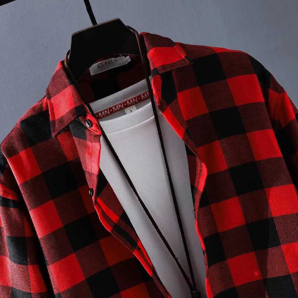 Stylish Mens Button Down Plaid Shirts Baggy Coat Lapel Tops Long Sleeve Check Shirts Casual Workwear Red Black M260305
