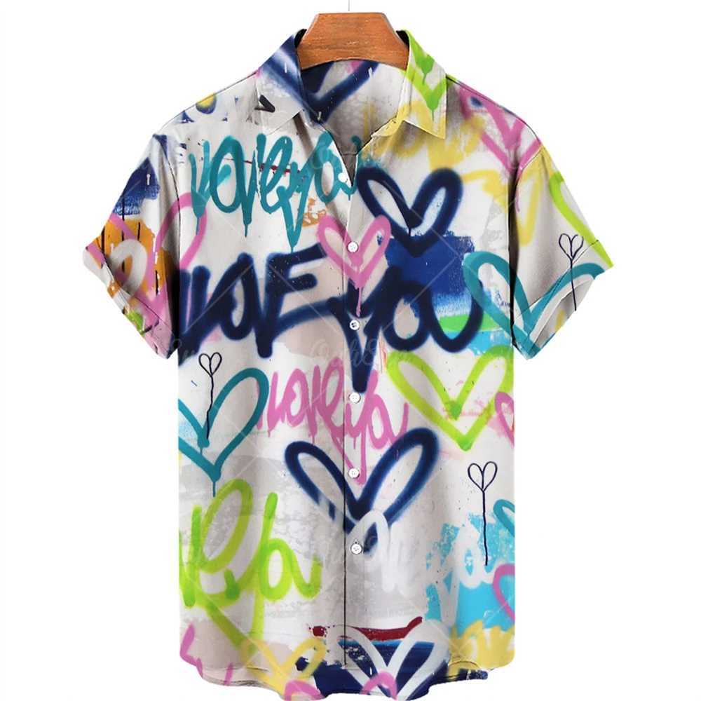 Summer Mens Designer Shirts Colorful Graffiti 3D Print Hawaiian Blouse Short Sleeves Fashion Floral Oversized Retro M260305