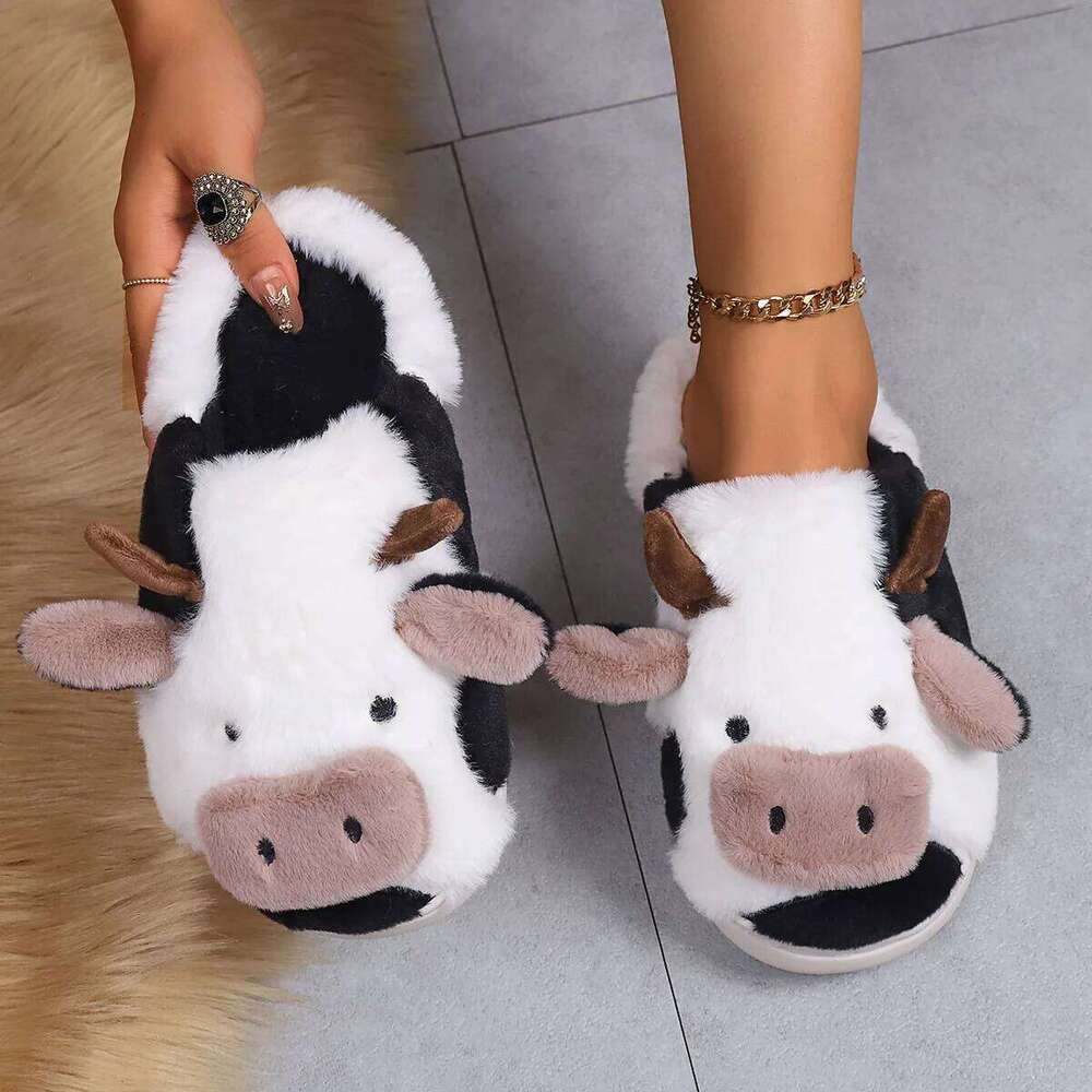 New 2025 Winter Unisex Cartoon Cow Warm Plush Slippers Couples Indoor Non-slip House Slides Men Women Home Floor Cotton Shoes